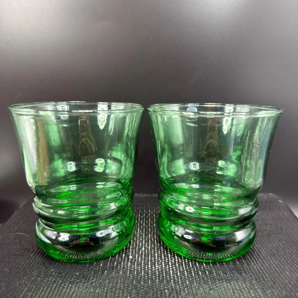 Anchor Hocking Green Glass Tumblers Ringed‎ Beehive Base Set of 2 Vintage 4 inch